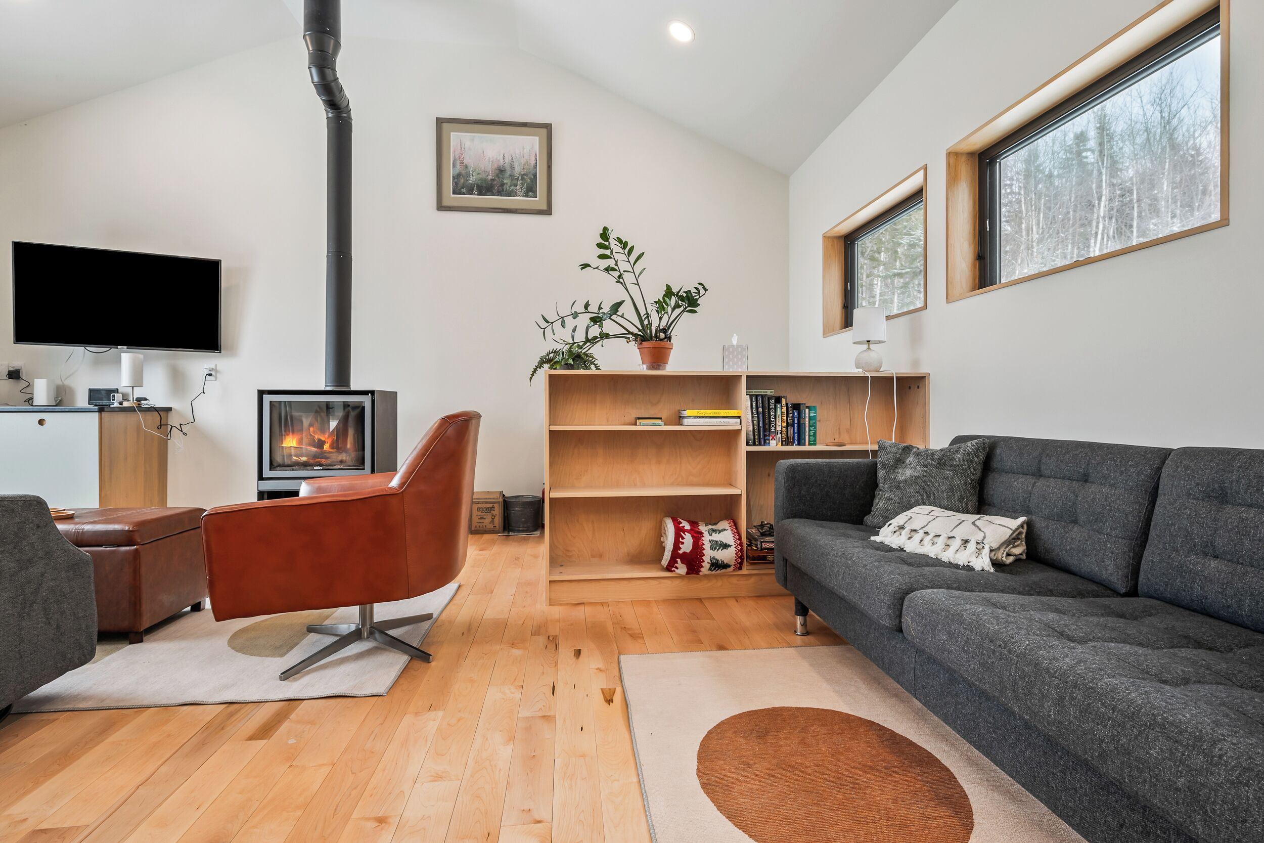 A modern living room with a fireplace, a television, a sofa, and a bookshelf.