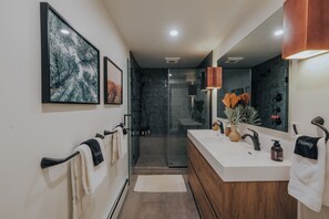 Shower, hair dryer, towels, soap