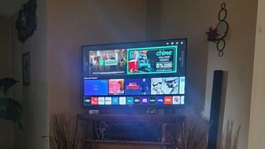 A living room with a flat-screen TV mounted above a fireplace, a large rug, and a speaker. - Two Story Country Setting 2 miles from down town. (South Haven Charter Township)