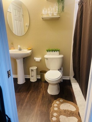 Douche, sèche-cheveux, serviettes fournies, savon