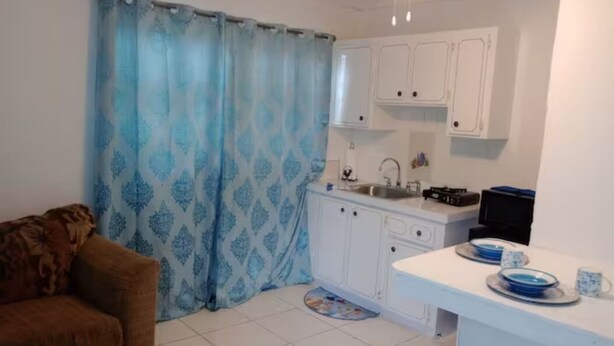 Een knus woongedeelte met een kitchenette, een bank en een vloerkleed met dessin.