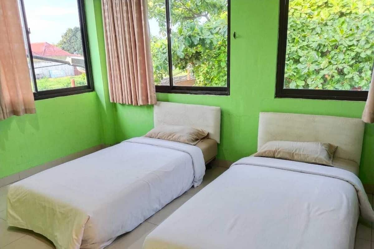 Une chambre avec deux lits simples, des murs verts et des fenêtres avec des rideaux.
