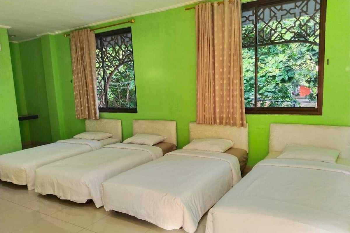 Une chambre avec quatre lits simples alignés contre un mur vert, chaque lit étant doté d’une tête de lit et d’une fenêtre avec un rideau.