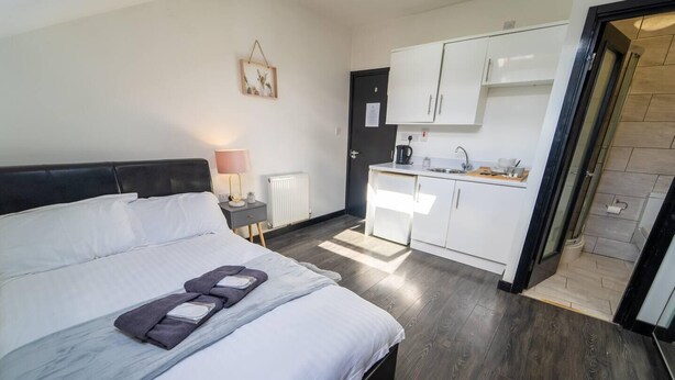 Un dormitorio con una cama grande, una mesita de noche con lámpara y una pequeña cocina con fregadero y armarios.