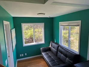 Una habitación con paredes color turquesa, un sofá de cuero negro y una ventana con vista a follaje.