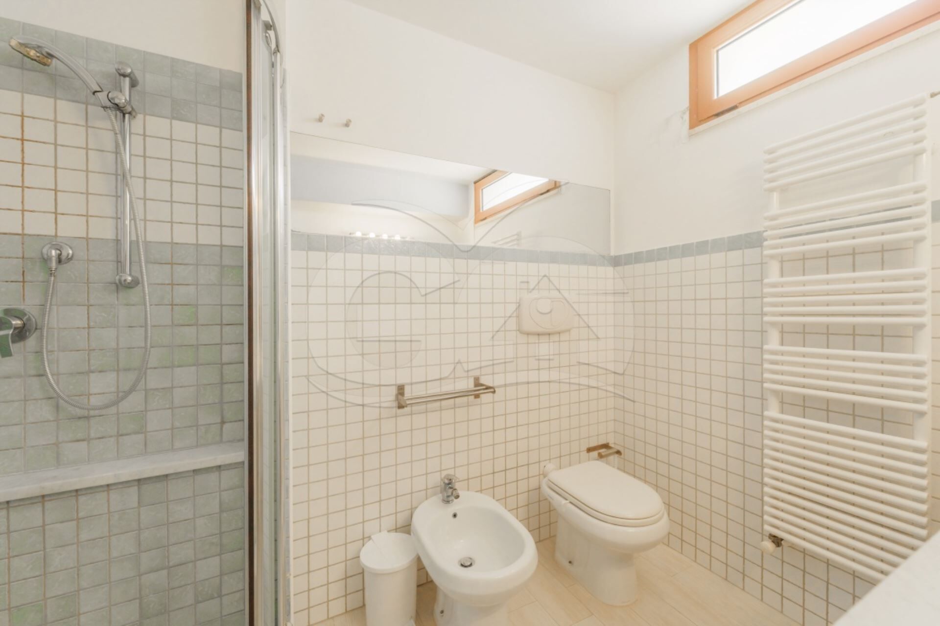 Een badkamer met een douche, wc, hygiëneslot en een handdoekhouder.