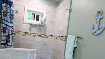 Hair dryer, towels, soap, shampoo