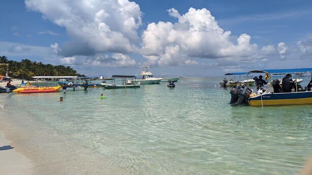 Une plage avec des bateaux et un ciel dégagé.