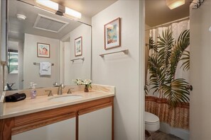 Combined shower/tub, hair dryer, towels