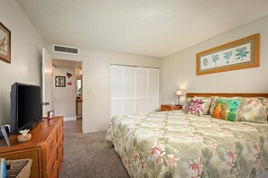 Quarto com cama, televisão sobre cômoda de madeira, armário com portadas brancas e quadro com plantas tropicais na parede.