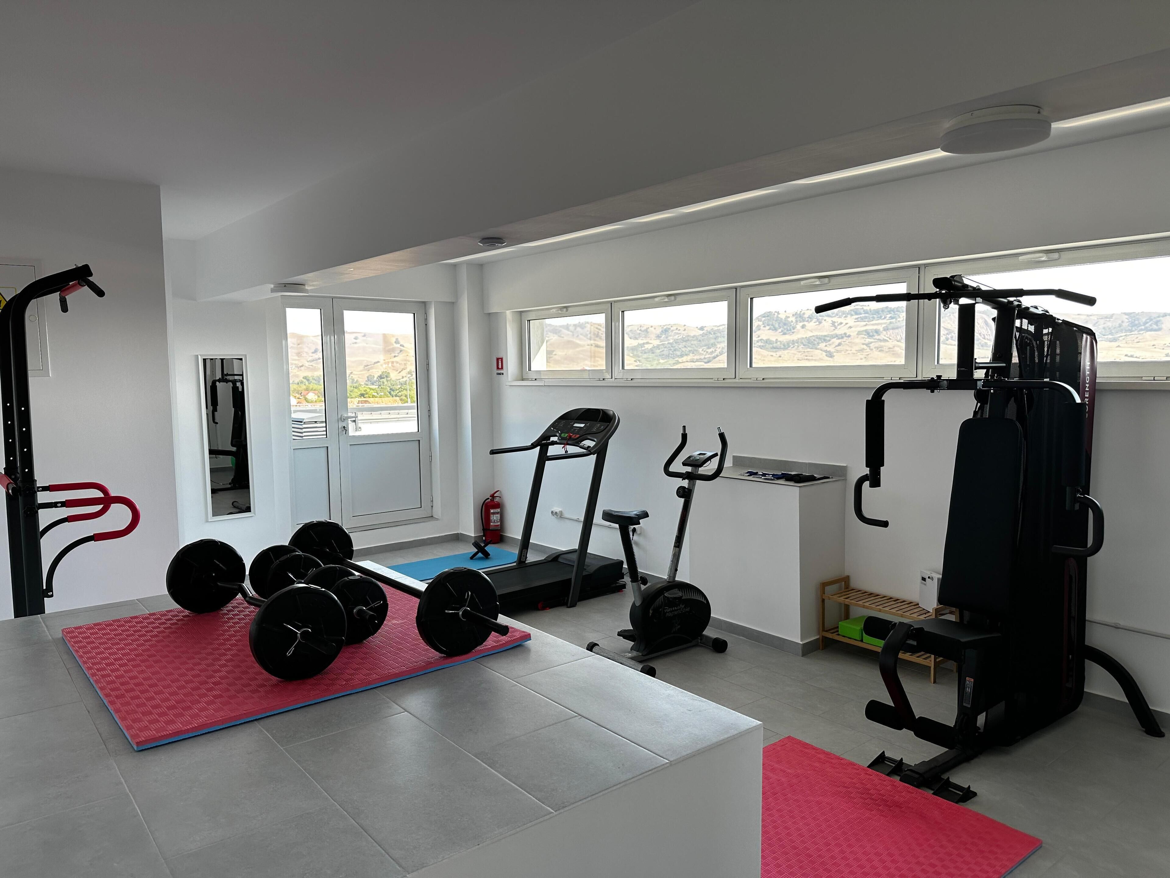 A gym with a treadmill, weight bench, and various exercise equipment.