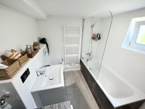 Hair dryer, towels, toilet paper