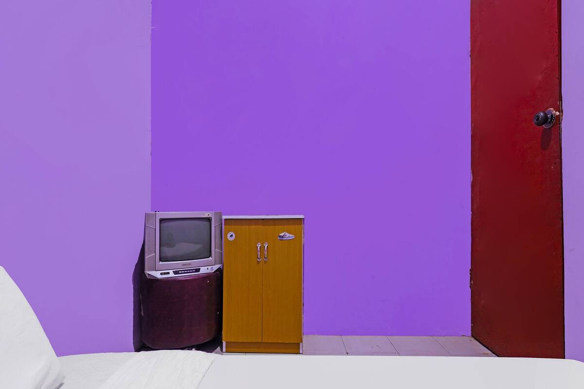 A room with a bed, a small wooden cabinet, a television, and a red door.
