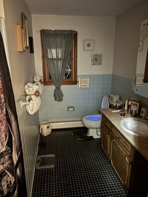 Hair dryer, towels, soap, toilet paper