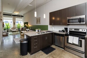 Fridge, microwave, oven, stovetop - Cozy Boho-Chic Downtown 2BD/2BR - Downtown DSM (Des Moines)