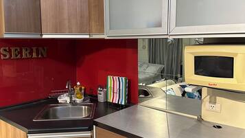 Fridge, microwave, electric kettle, cookware/dishes/utensils