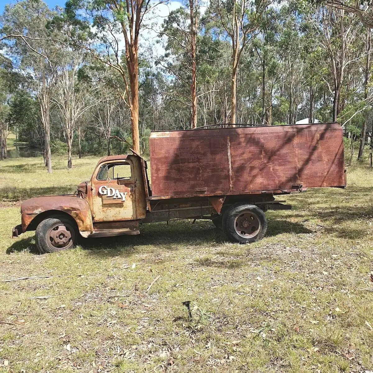 An old, rusted truck parked in a grassy area with trees in the background.