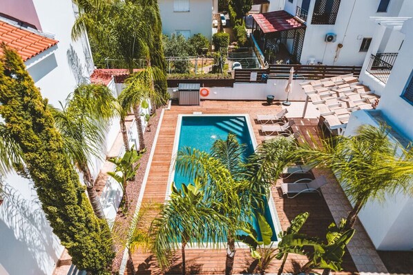 A rooftop pool with a wooden deck, surrounded by palm trees and a white building.