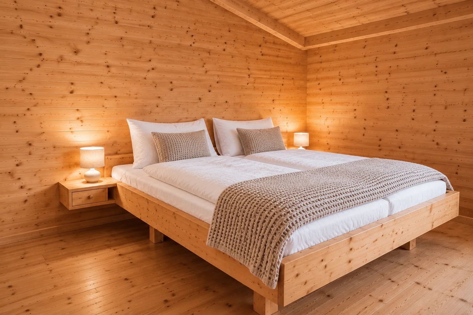 A wooden-paneled room with a bed, two bedside tables, and lamps.