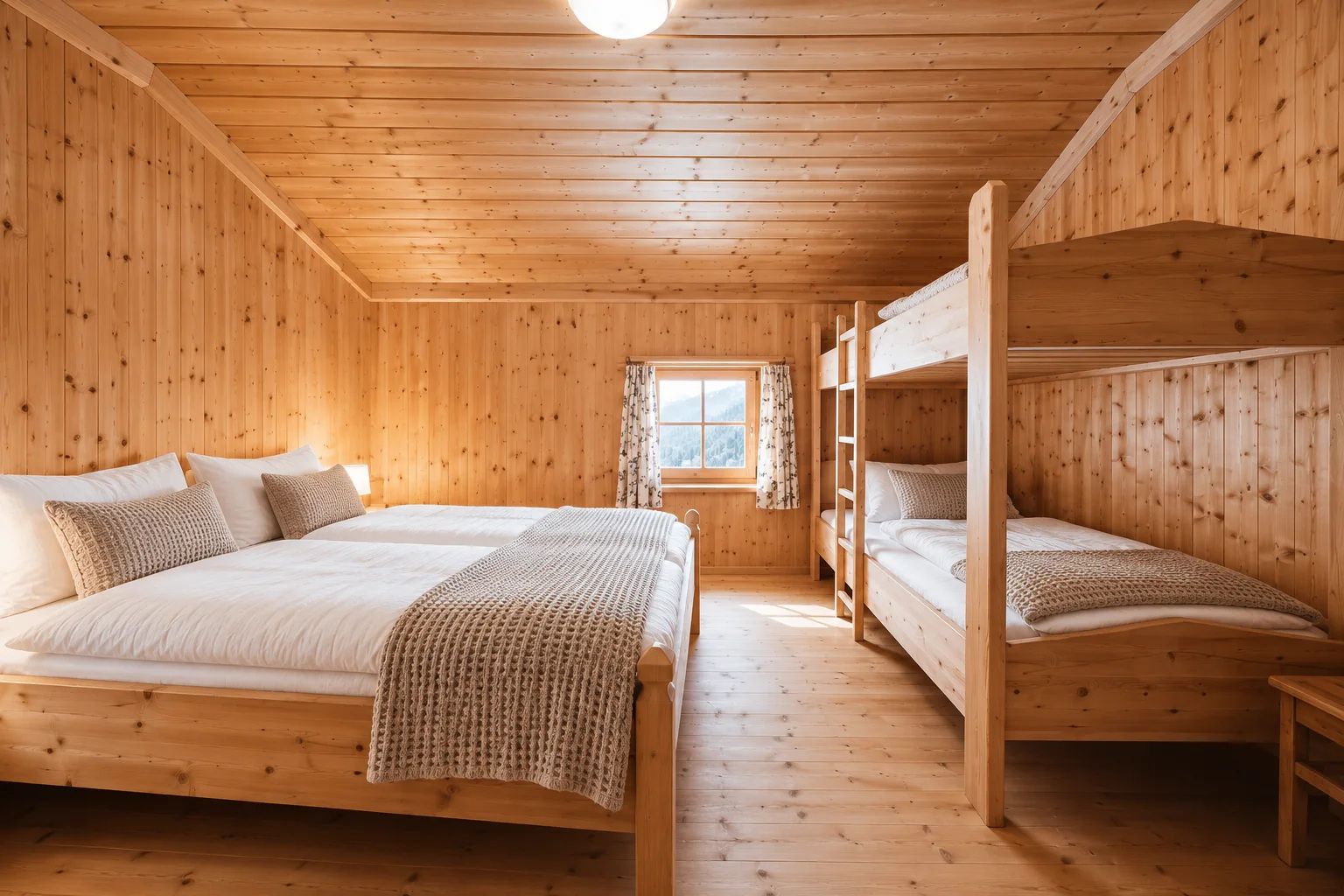 A wooden cabin with bunk beds, a window with curtains, and a wooden floor.