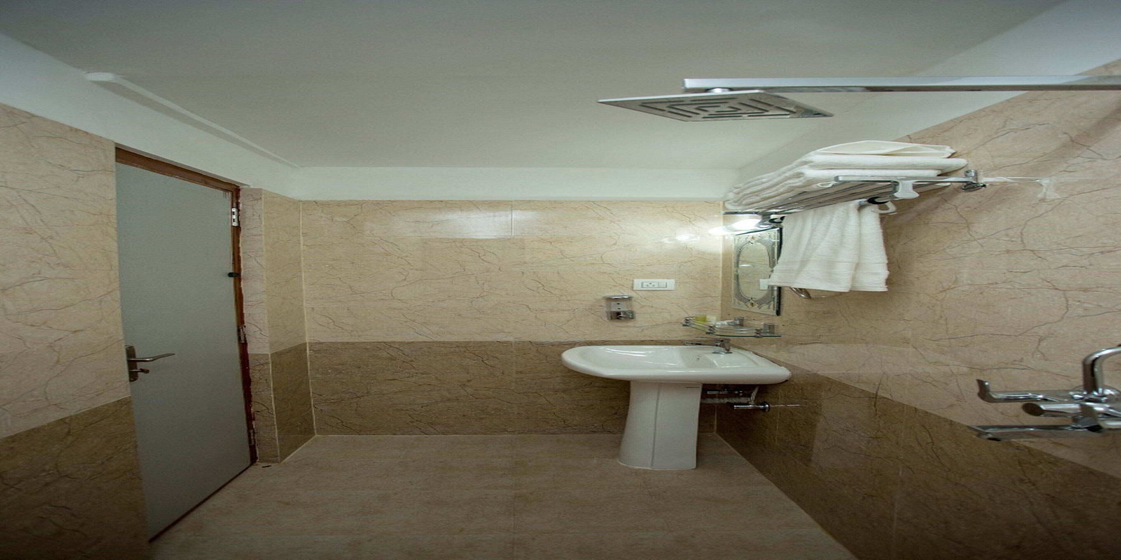 shower, rainfall showerhead, towels, soap