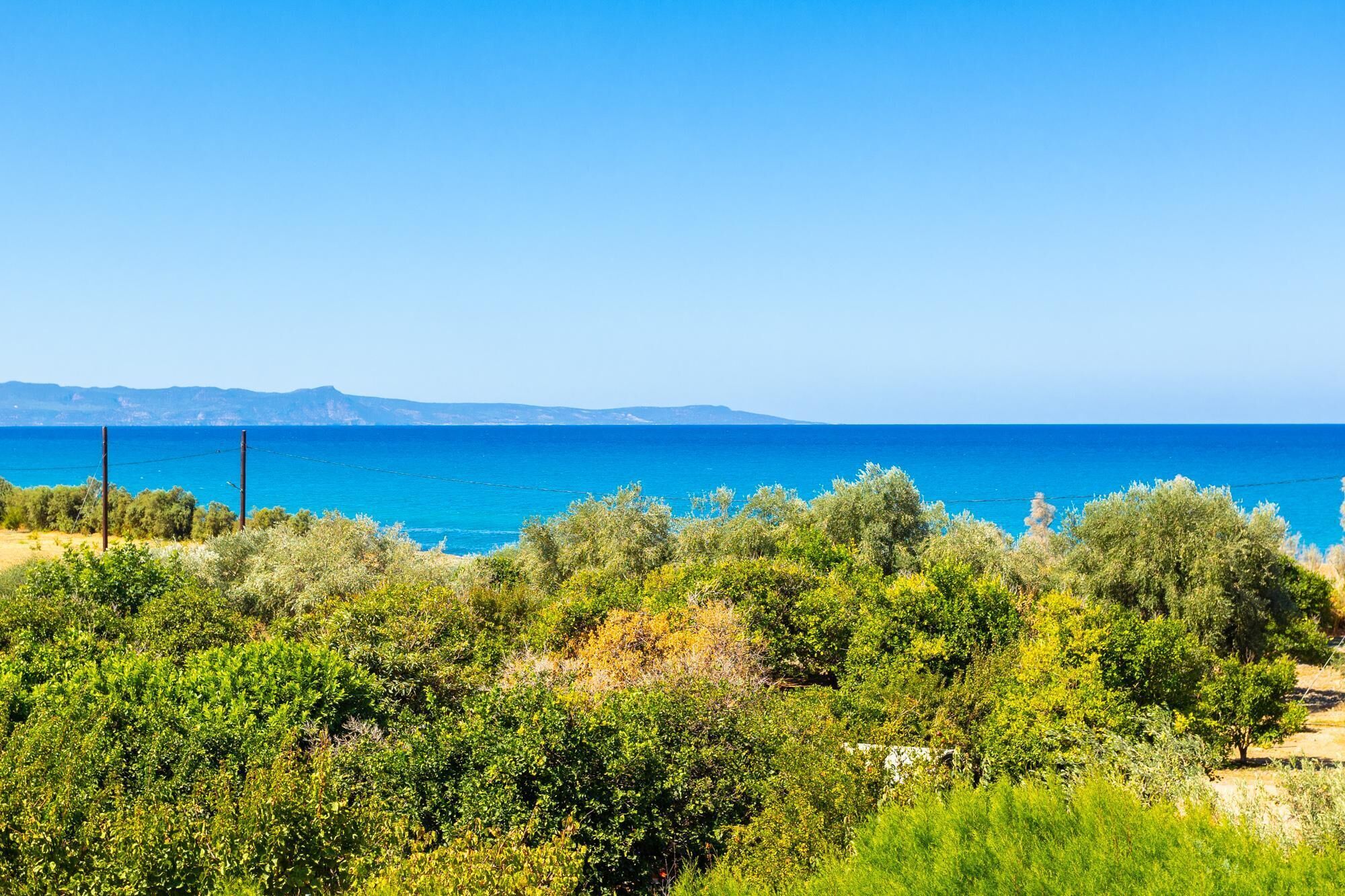 A coastal landscape with dense greenery and a clear view of the sea.