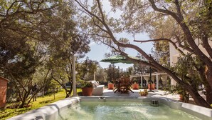 Un área de hidromasaje con una pérgola, asientos exteriores y árboles circundantes.