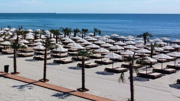 Ein Strand mit Reihen von Liegestühlen und Sonnenschirmen, Palmen und freiem Blick auf den Ozean.