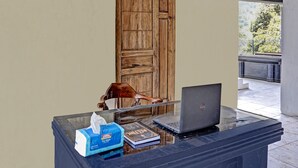 Una recepción con una computadora portátil, una caja de pañuelos y un libro.