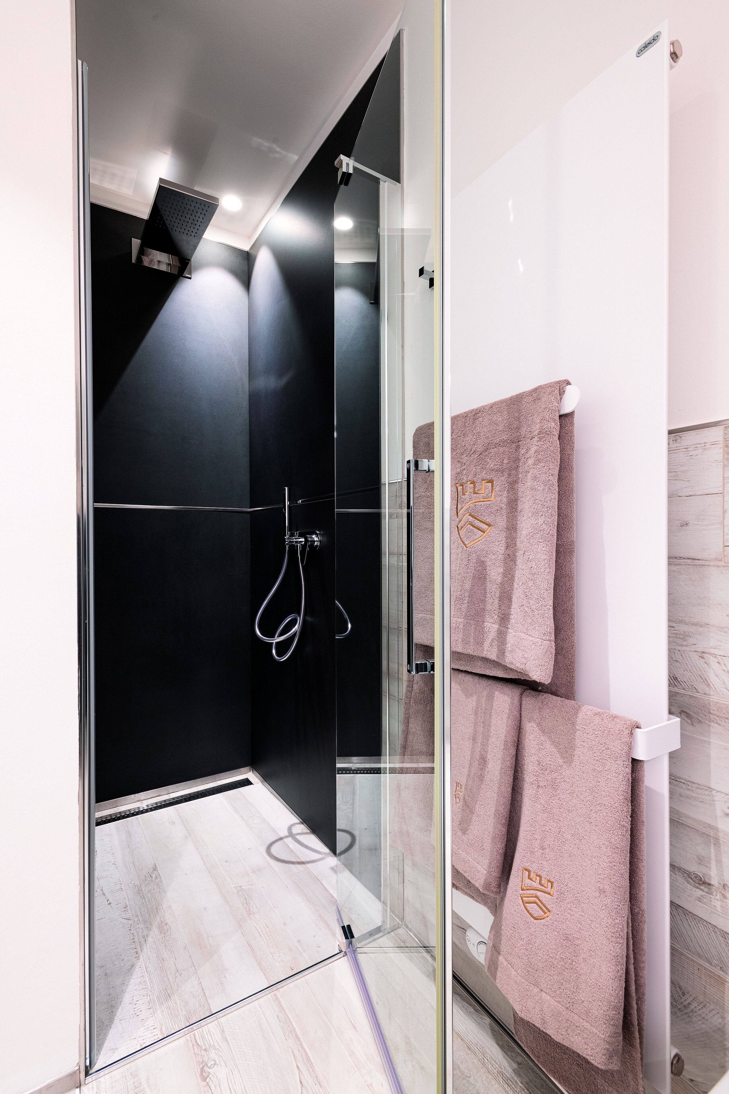 A modern bathroom with a glass shower enclosure, a white sink, and a towel rack with towels.