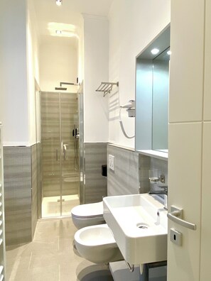 Une salle de bain moderne avec une douche à parois de verre, des toilettes et un lavabo.