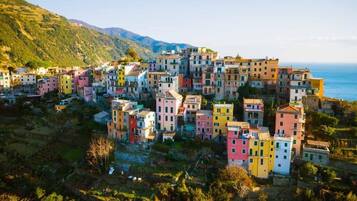 Un village côtier aux bâtiments aux couleurs vives, situé sur une colline, avec la mer en toile de fond.