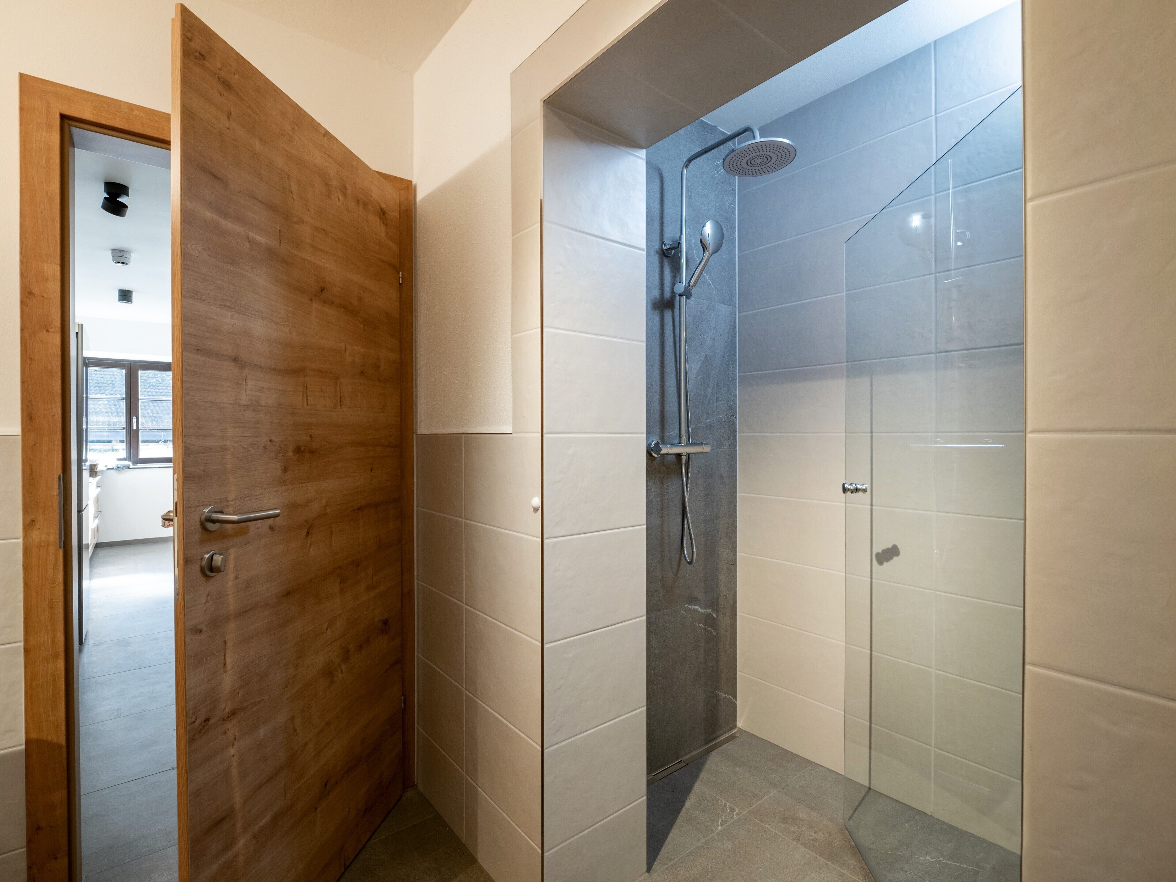 A modern bathroom with a wooden door, a glass shower enclosure, and tiled walls.