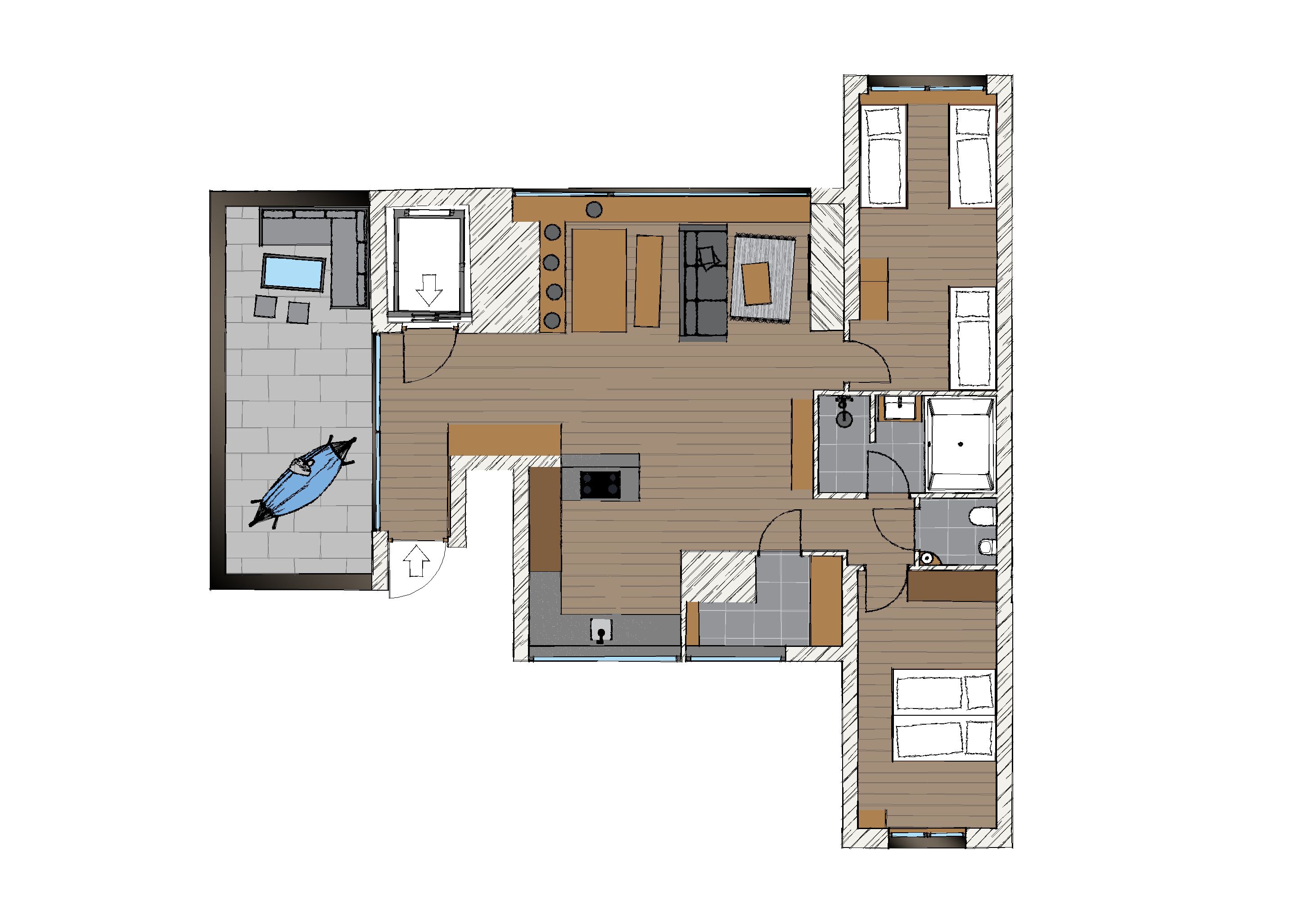 Plano de planta de un hotel con zona de piscina, comedor y varias habitaciones.
