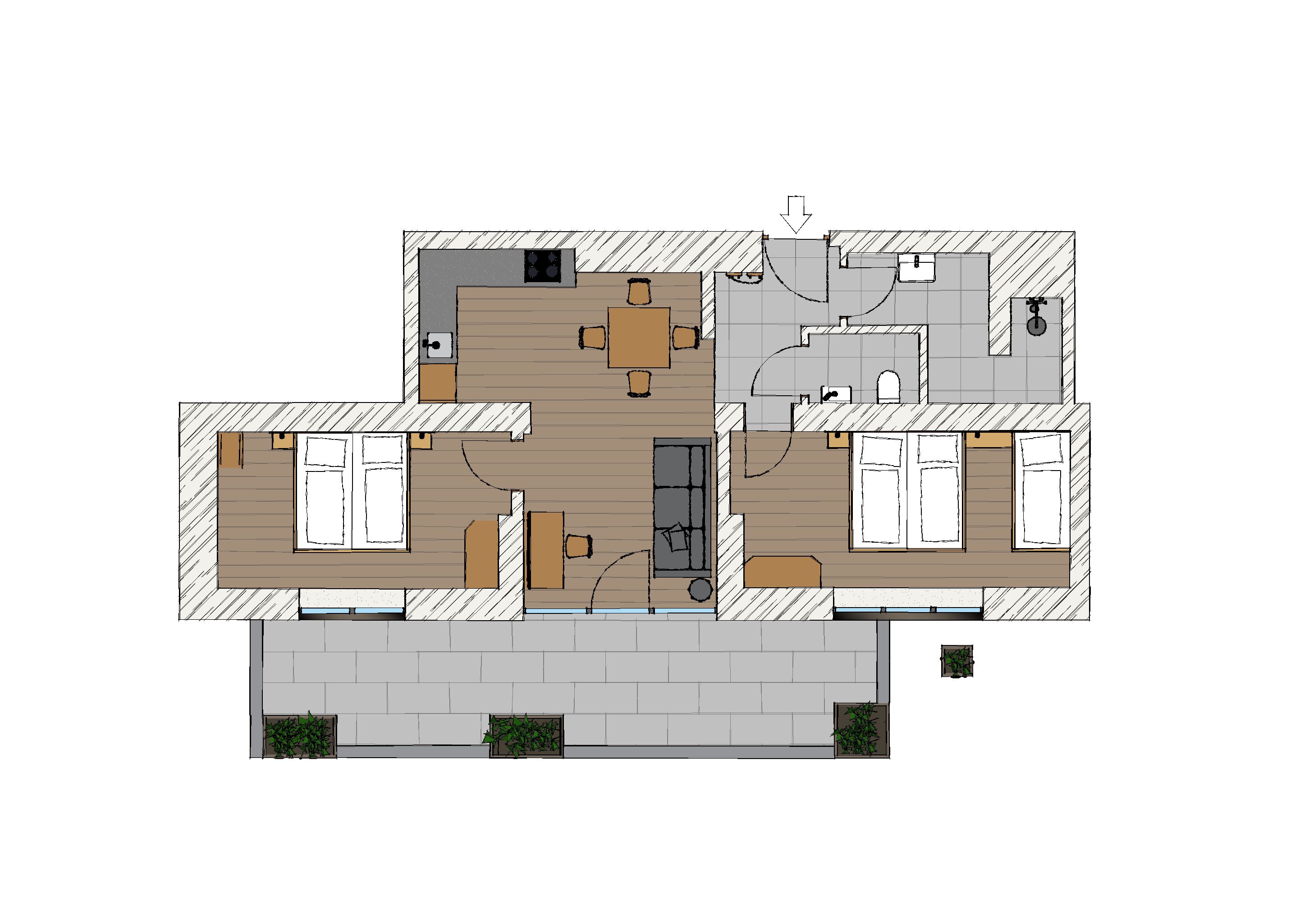 A floor plan of a hotel with two bedrooms, a bathroom, a kitchen, a dining area, and a small outdoor seating area.
