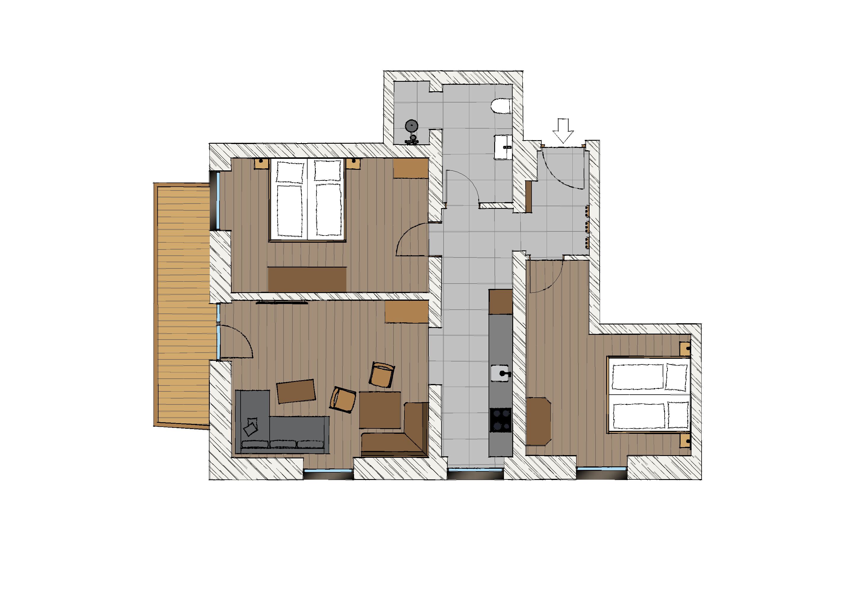 A floor plan of a multi-room apartment with a living area, kitchen, and two bedrooms.