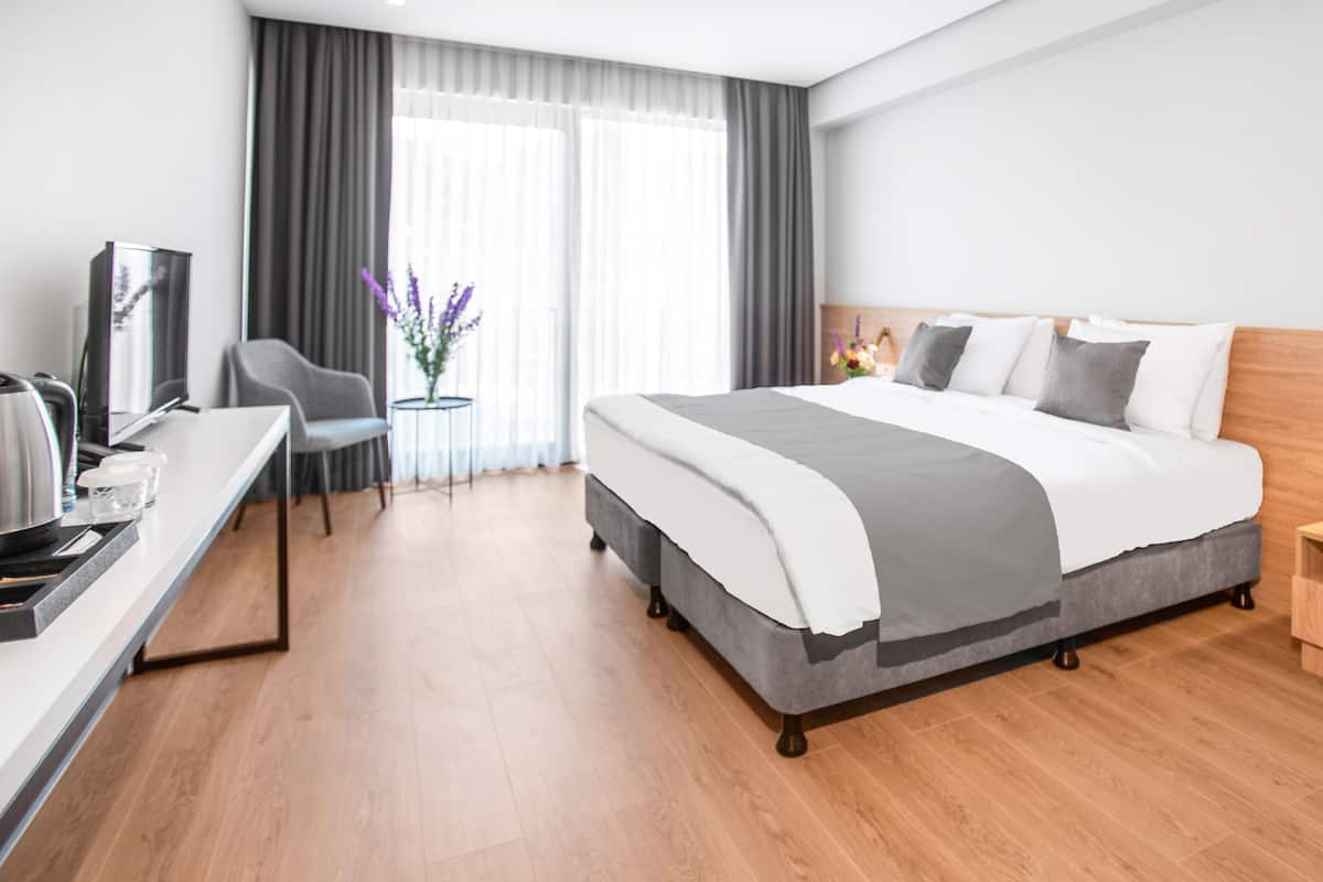 Una habitación de hotel moderna con una cama grande, un escritorio con televisor, una silla y una pequeña mesa con flores.