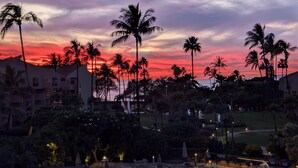 Un complexe hôtelier doté d’une piscine, de palmiers et offrant une vue sur le coucher de soleil.