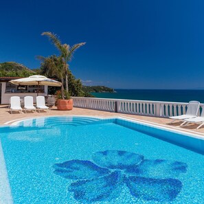 Sesongbasert utendørsbasseng, bassengparasoller og solsenger