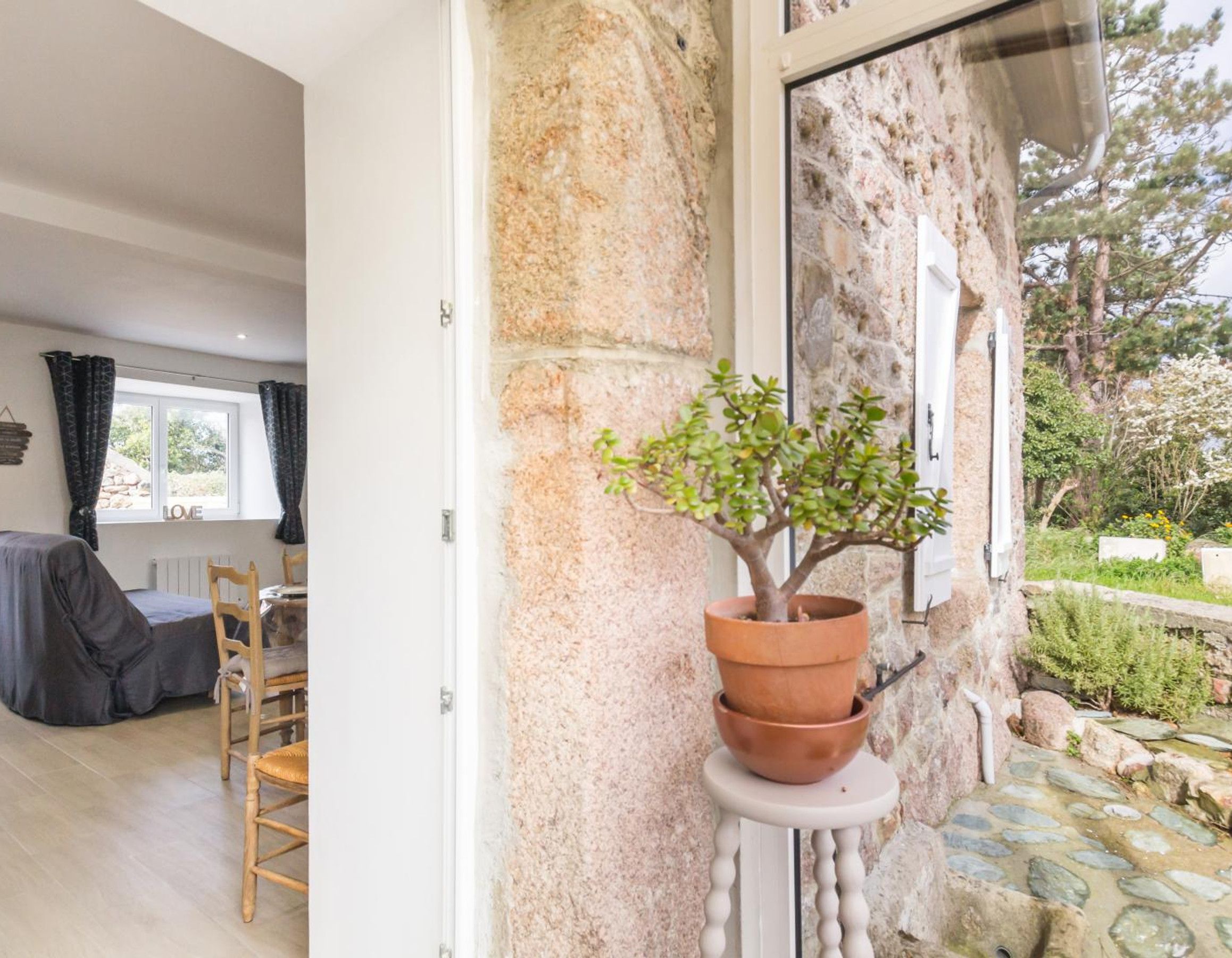 Habitació amb paret de pedra, una planta en test, una finestra i vista a l'exterior.