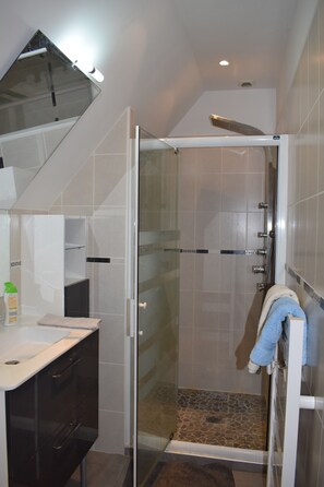 Hair dryer, towels, soap, shampoo