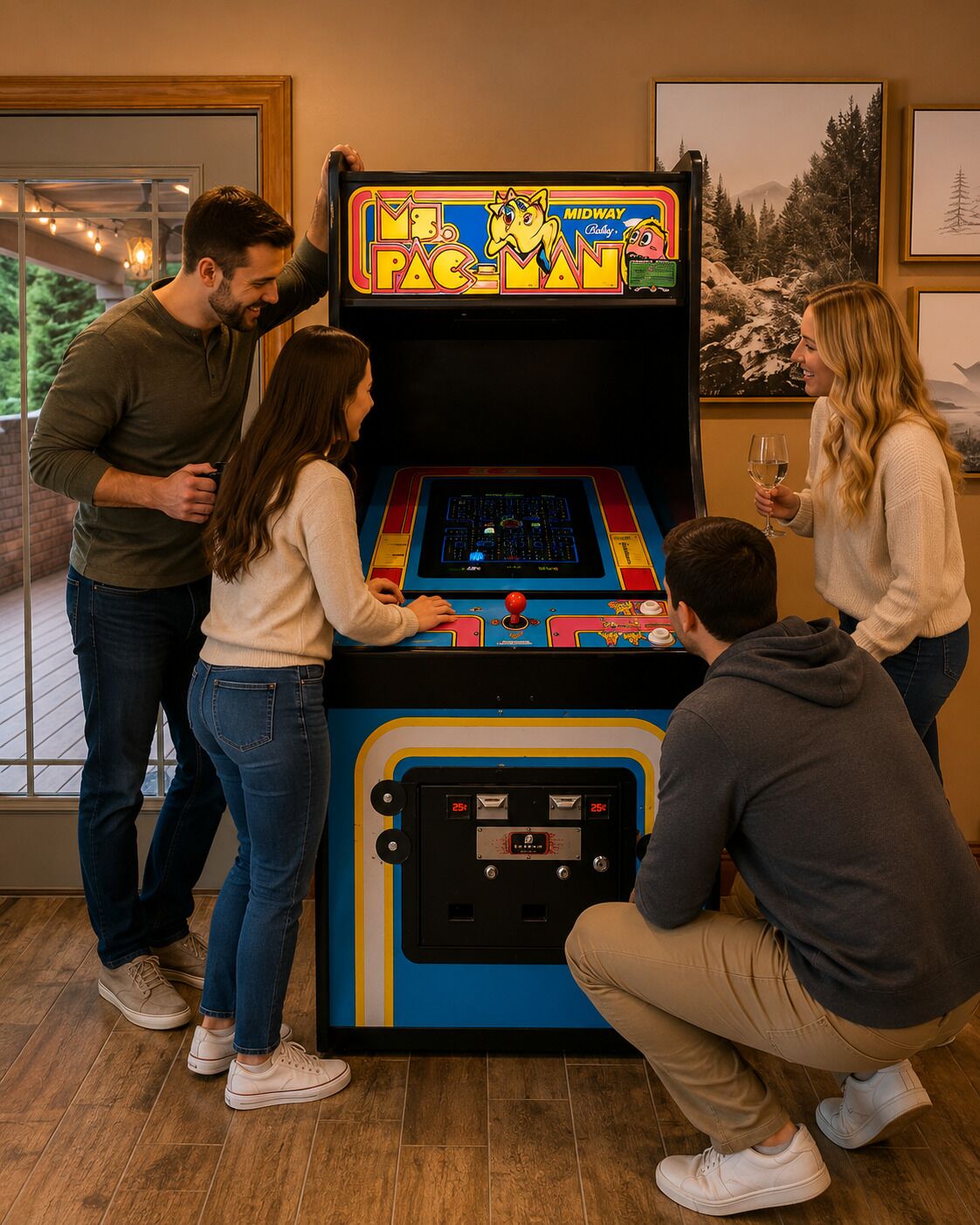 A group of people playing a vintage arcade game.
