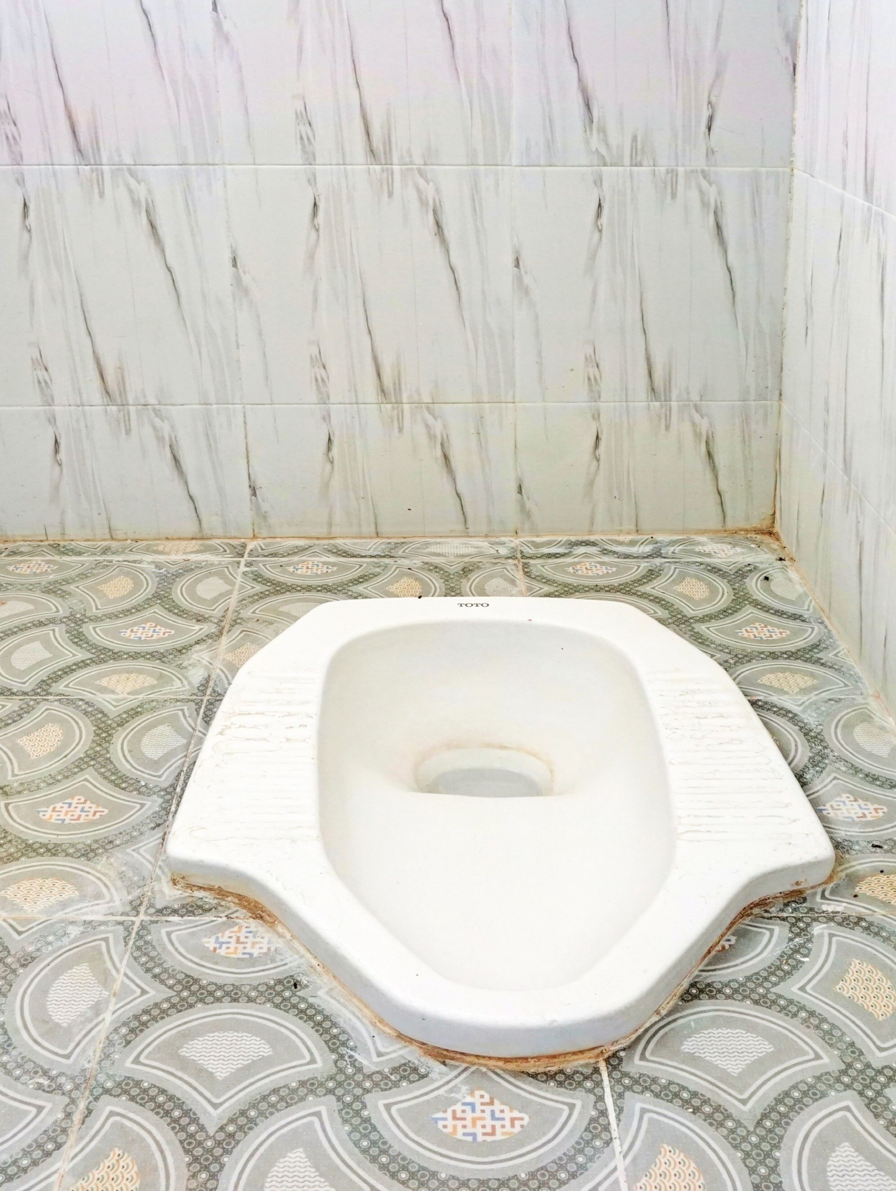 Des toilettes avec un abattant en porcelaine blanche et un carrelage décoré.