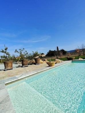 Ein klarer Swimmingpool mit Steinrand und Blick auf eine angelegte Grünfläche mit Kübelpflanzen und einem entfernten Berg.