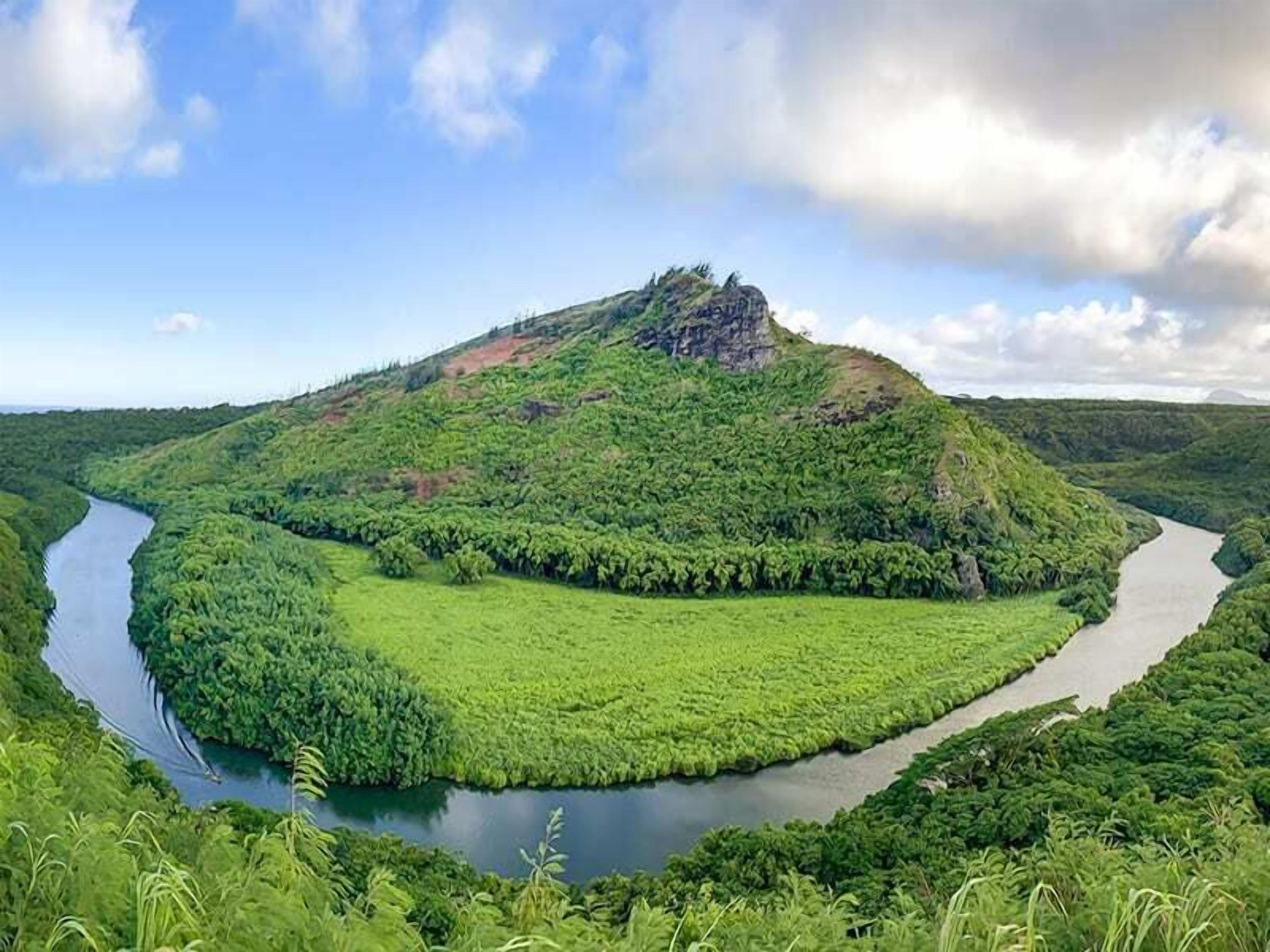 Un paysage verdoyant et luxuriant, traversé par une rivière sinueuse, bordé d’une végétation dense et dominé par une colline imposante.