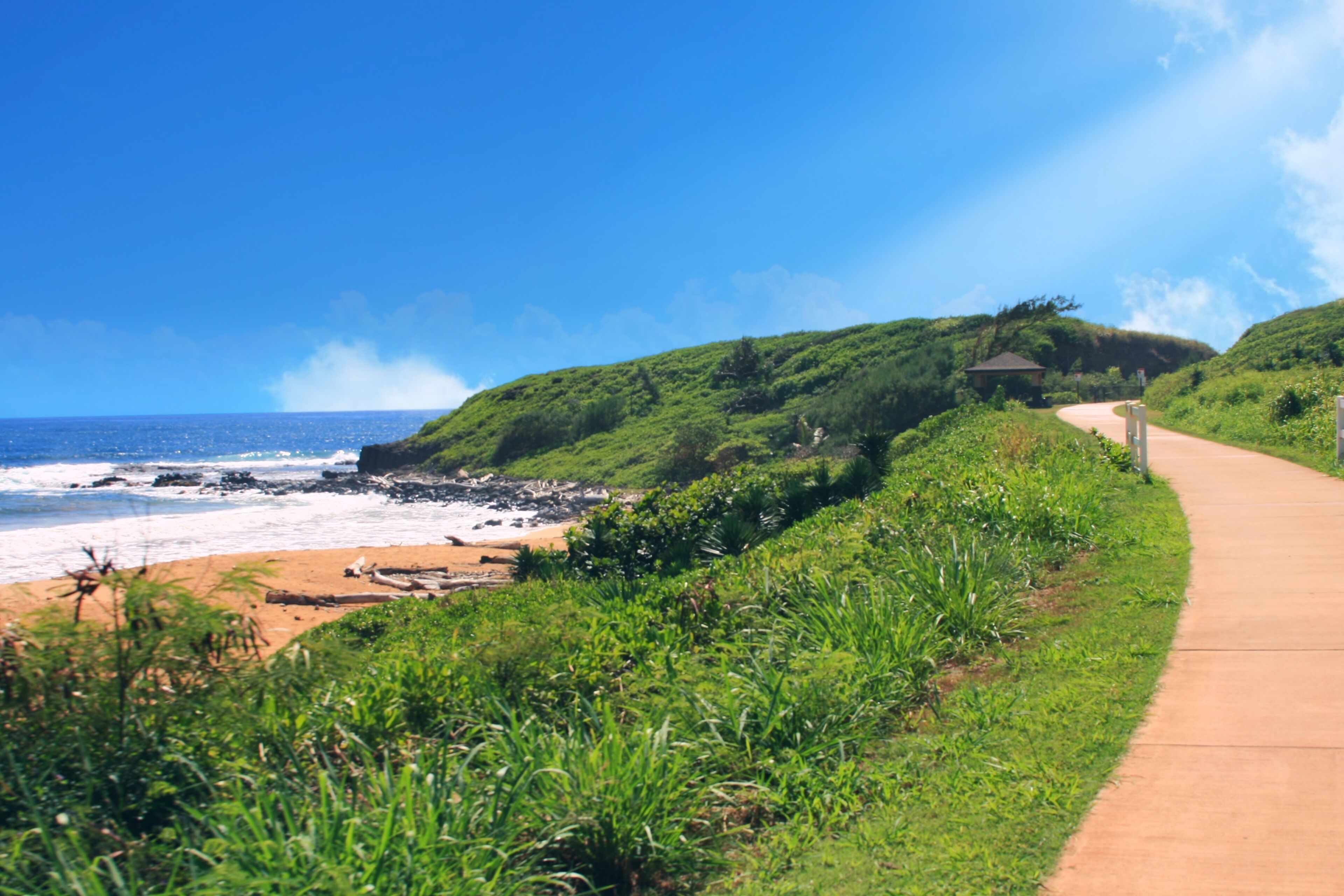 A coastal walkway with a view of the ocean and a grassy hill.