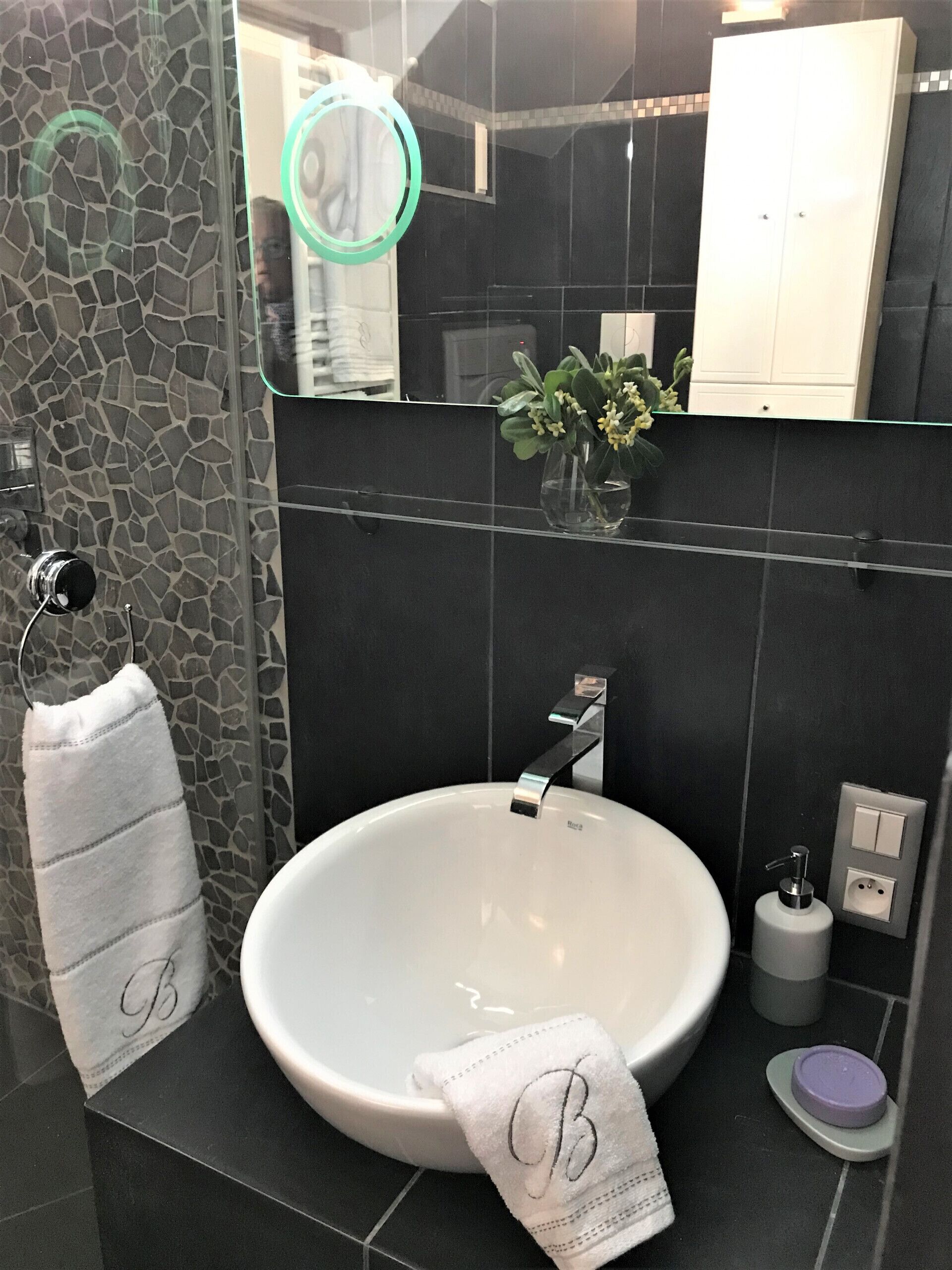 A bathroom with a white sink, a mirror, a towel rack, and a small plant.