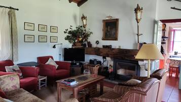 Una televisión, libros, un reproductor estéreo