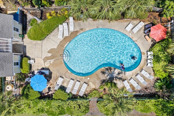 An aerial view of a swimming pool surrounded by lounge chairs and umbrellas, with a pathway leading to a building.