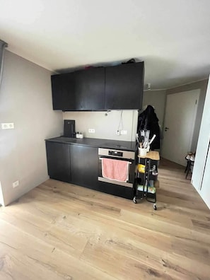 Appartement Standard, 1 grand lit, vue sur le jardin | Cuisine privée | Réfrigérateur grande capacité avec congélateur, four à micro-ondes